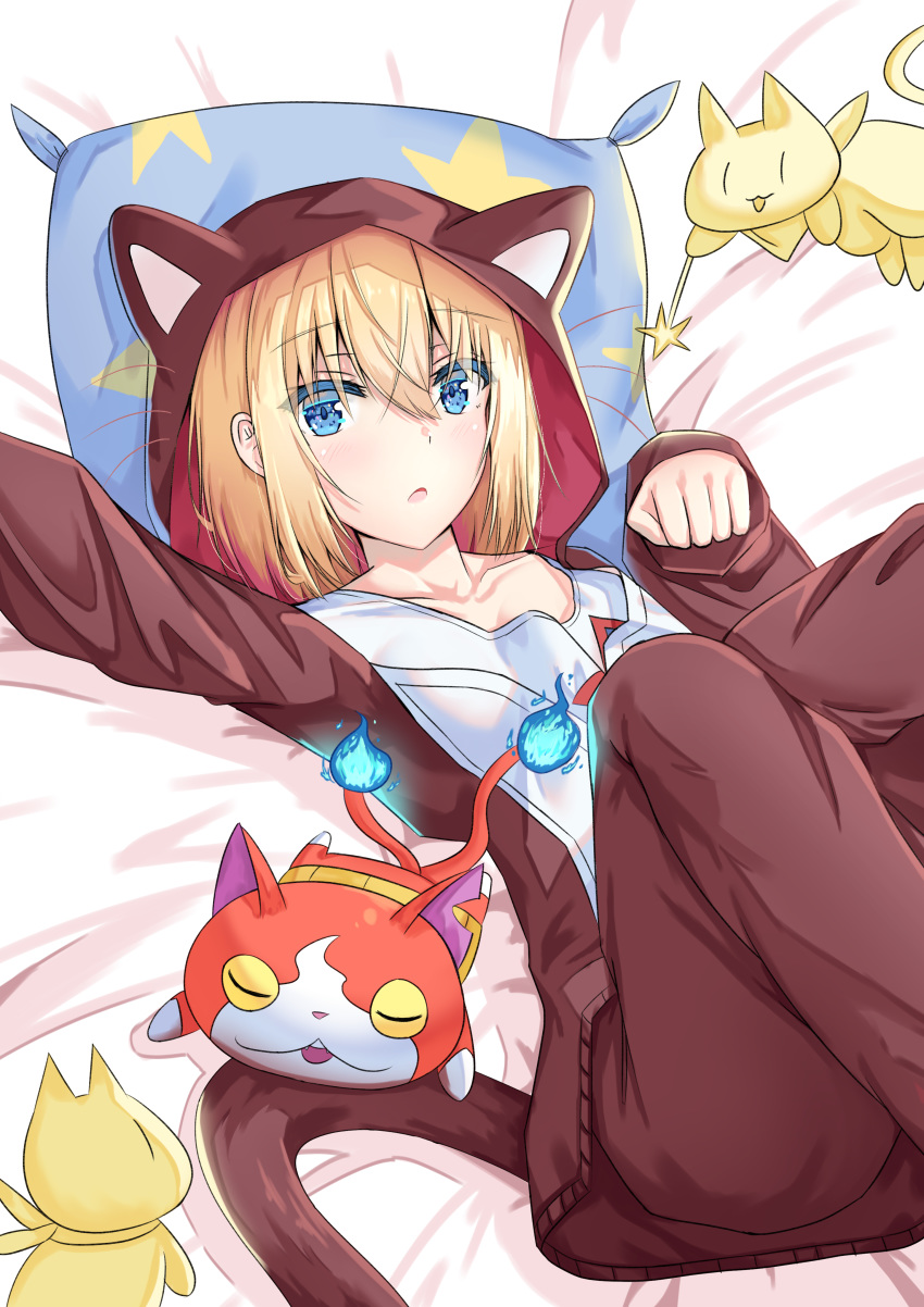 1girl absurdres animal_ears animal_hood azur_lane bangs bataan_(azur_lane) bataan_(comfy_cotton_jammies)_(azur_lane) blonde_hair blue_eyes commentary crossed_bangs crossover eyebrows_visible_through_hair fake_animal_ears fake_tail hair_between_eyes highres hood jibanyan lying natie on_back on_bed pajamas paw_pose short_hair solo tail youkai_watch