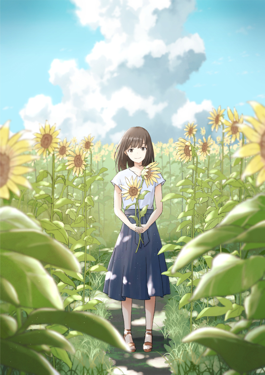 1girl anyotete bangs blue_skirt blue_sky brown_eyes brown_hair closed_mouth clouds field flower flower_field highres holding holding_flower medium_hair original sandals scenery shirt skirt sky smile solo standing summer sunflower white_shirt