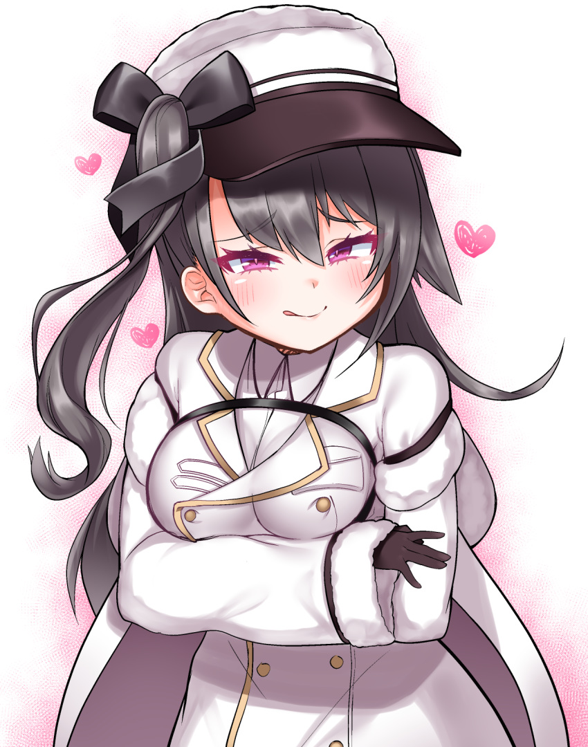 1girl :q arms_under_breasts azur_lane bangs black_gloves black_hair blush breast_hold breasts cape closed_mouth collared_shirt dress_shirt eyebrows_visible_through_hair flat_cap fur-trimmed_sleeves fur_trim gloves hair_between_eyes hat heart highres kirisame_mia large_breasts long_hair long_sleeves looking_at_viewer one_side_up pamiat_merkuria_(azur_lane) shirt short_over_long_sleeves short_sleeves sleeves_past_wrists smile solo tongue tongue_out violet_eyes white_cape white_coat white_headwear white_shirt