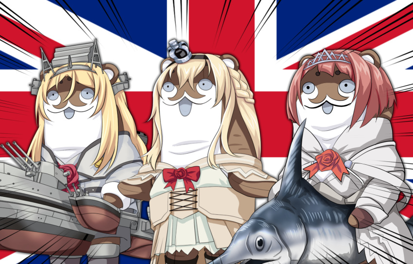 ark_royal_(kantai_collection) ark_royal_(kantai_collection)_(cosplay) ascot blonde_hair bob_cut bokukawauso braid corset cosplay crown dress flower french_braid highres kantai_collection long_hair machinery mini_crown nelson_(kantai_collection) nelson_(kantai_collection)_(cosplay) no_humans off-shoulder_dress off_shoulder red_flower red_neckwear red_ribbon red_rose redhead ribbon rose short_hair swordfish tiara tk8d32 union_jack warspite_(kantai_collection) warspite_(kantai_collection)_(cosplay) white_dress