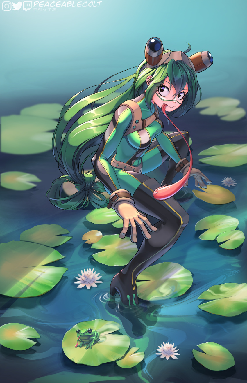 1girl absurdres asui_tsuyu black_eyes bodysuit boku_no_hero_academia frog frog_girl gloves goggles goggles_on_head green_hair highres lily_pad long_hair long_tongue looking_at_viewer low-tied_long_hair outdoors peaceablecolt solo squatting tongue tongue_out very_long_hair white_gloves