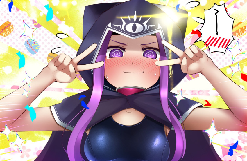 1girl @_@ blush cape commentary_request double_v emotional_engine_-_full_drive fate/grand_order fate_(series) flying_sweatdrops hood hooded_cape kuro_yanagi long_hair looking_at_viewer macaron_background medusa_(lancer)_(fate) nose_blush purple_hair school_swimsuit sidelocks solo spoken_blush swimsuit upper_body v violet_eyes wavy_mouth