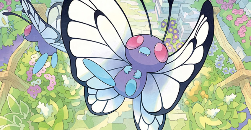 akitsu_taira bug butterfly butterfree creature fangs fence flying gen_1_pokemon insect no_humans official_art plant pokemon pokemon_(creature) pokemon_trading_card_game violet_eyes