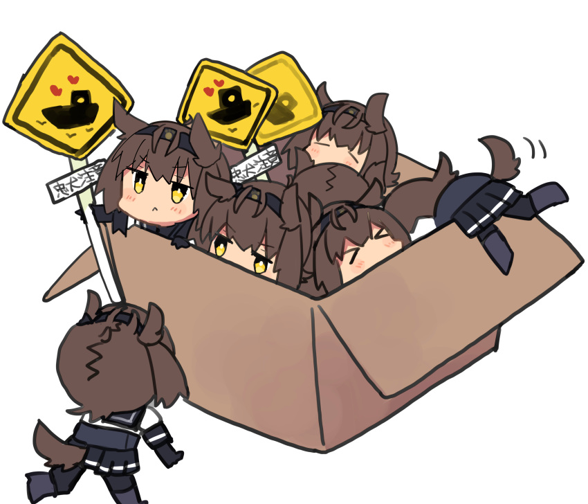 &gt;_&lt; 6+girls :&lt; =_= absurdres black_skirt blush box brown_hair cardboard_box chibi dog_tail edel_(edelcat) hair_flaps hatsuzuki_(kantai_collection) headband heart highres holding holding_sign in_box in_container kantai_collection look-alike multiple_girls short_hair sign simple_background skirt tail too_many white_background yellow_eyes