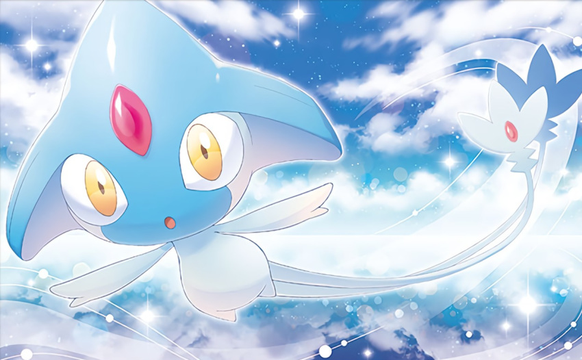 :o azelf blue_sky clouds cloudy_sky creature floating full_body gen_4_pokemon legendary_pokemon mizue official_art pokemon pokemon_(creature) pokemon_trading_card_game sky solo star_(sky) starry_sky