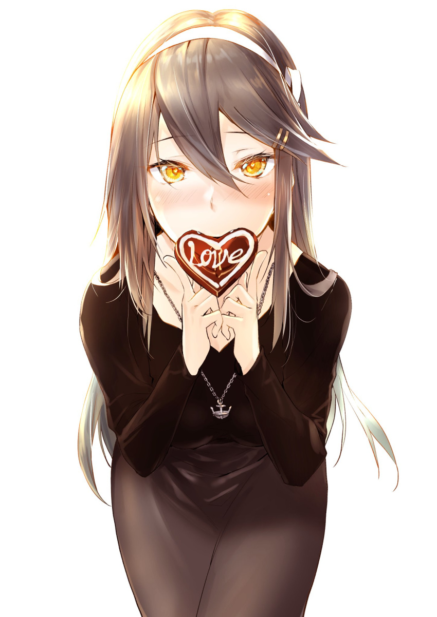 1girl anchor_necklace black_shirt blush brown_eyes chocolate food_in_mouth grey_hair grey_skirt hair_between_eyes hair_ornament hairband hairclip haruna_(kantai_collection) heart-shaped_food highres kantai_collection kyougoku_touya long_hair long_skirt long_sleeves looking_at_viewer shirt skirt solo white_hairband