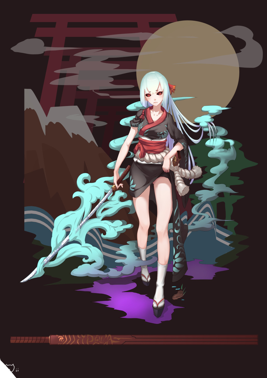 1girl absurdres atk7 belt black_sclera blush closed_mouth collarbone eyebrows_visible_through_hair fingernails footprints gradient gradient_hair grass highres holding holding_sword holding_weapon japanese_clothes katana light_blush long_hair mountain multicolored_hair original red_eyes rope_belt short_eyebrows sleeves_rolled_up smoke solo sword torii walking weapon