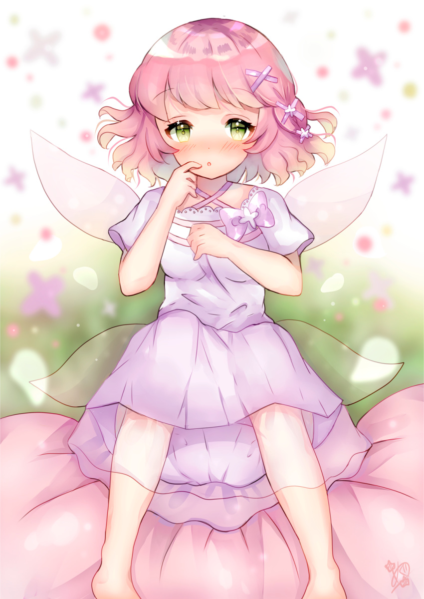 1girl :o arms_up barefoot blurry blurry_background blush bow commentary_request criss-cross_halter depth_of_field eyebrows_visible_through_hair fairy fairy_wings feet_out_of_frame finger_to_face green_eyes hair_ornament halterneck highres knee_up lavender_dress looking_at_viewer megu_(littlestar) on_flower original partial_commentary petals pink_hair purple_bow short_hair short_sleeves signature sitting solo wings x_hair_ornament