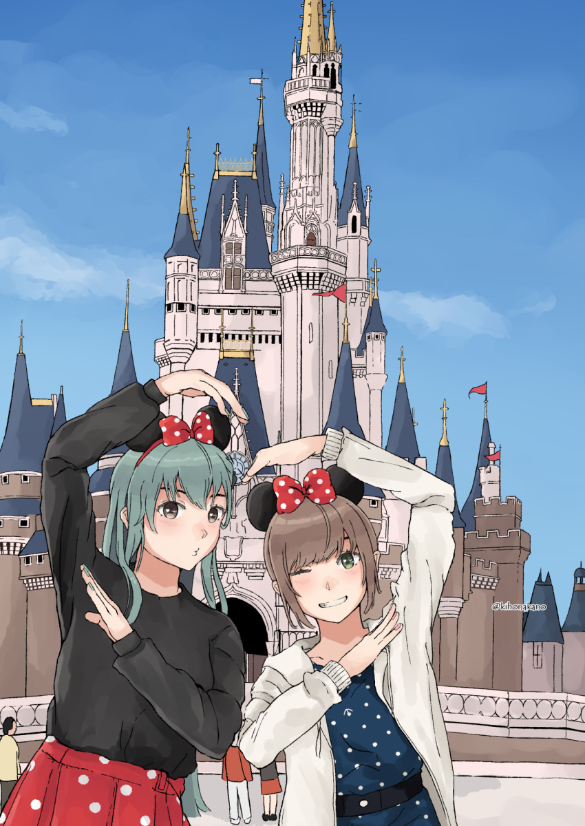 2girls alternate_costume aqua_eyes aqua_hair black_hair black_sweater blue_dress blue_sky castle clouds commentary_request day disneyland dress fubuki_(kantai_collection) green_eyes hair_ornament hairclip highres hood hooded_jacket hoodie jacket kantai_collection long_hair looking_at_viewer minnie_mouse_ears multiple_girls nakano_kiho one_eye_closed outdoors polka_dot polka_dot_dress polka_dot_skirt pose sidelocks sky suzuya_(kantai_collection) sweater white_jacket