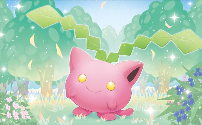 blue_sky closed_mouth creature flower forest full_body gen_2_pokemon grass happy hoppip looking_at_viewer mizue nature no_humans official_art outdoors pokemon pokemon_(creature) pokemon_trading_card_game sky smile solo standing tree
