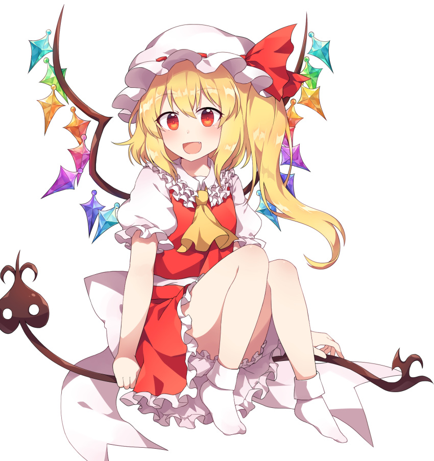 1girl :d ascot bangs blush caramell0501 commentary crystal eyebrows_visible_through_hair fang flandre_scarlet frilled_shirt_collar frills hair_between_eyes hat hat_ribbon highres knees_up laevatein long_hair looking_at_viewer miniskirt mob_cap one_side_up open_mouth petticoat puffy_short_sleeves puffy_sleeves red_ribbon red_skirt red_vest ribbon shirt short_sleeves simple_background sitting skirt skirt_set smile socks solo touhou vest white_background white_headwear white_legwear white_shirt wings yellow_neckwear