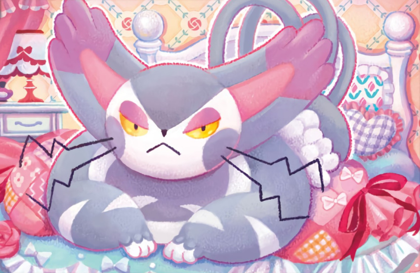 bed cat cat_focus closed_mouth creature frown gen_4_pokemon heart heart_pillow indoors lampshade lying official_art on_stomach pillow pokemon pokemon_(creature) pokemon_trading_card_game purugly shibuzoh whiskers yellow_eyes