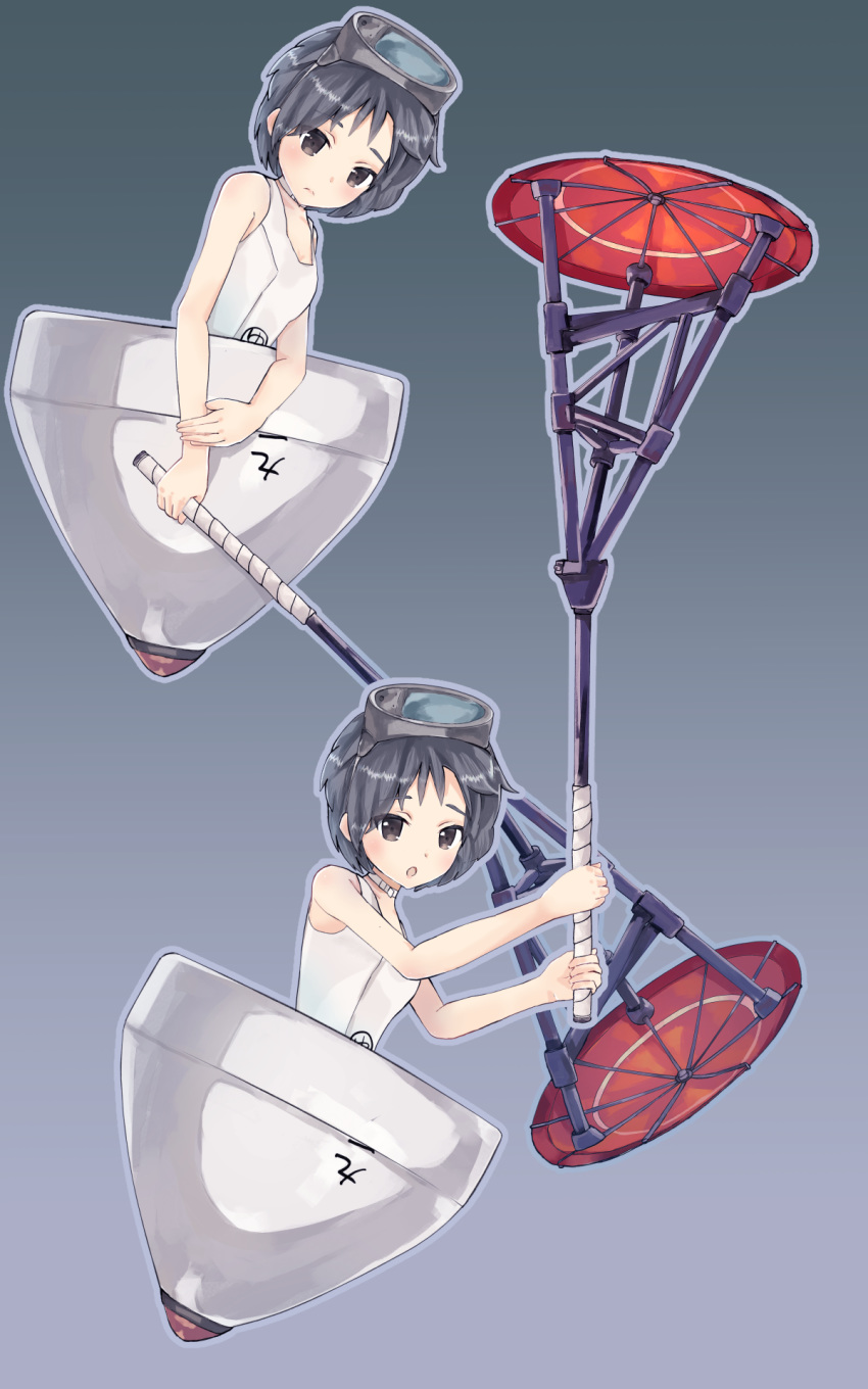 black_hair brown_hair cake_no_shaberu diving_mask diving_mask_on_head getting_over_it highres kantai_collection looking_at_viewer maru-yu_(kantai_collection) parody school_swimsuit short_hair swimsuit umbrella white_school_swimsuit white_swimsuit