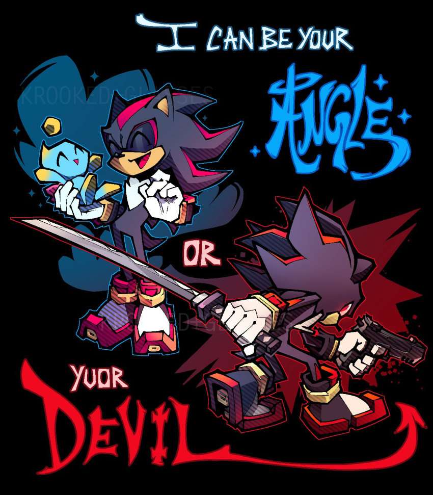 1boy 1other black_hair chao_(sonic) commentary dav_(krooked_glasses) dual_wielding english_commentary english_text fighting_stance gloves gun handgun highres holding holding_gun holding_sword holding_weapon katana meme multiple_views pistol red_eyes reverse_grip shadow_the_hedgehog shadow_the_hedgehog_(game) shoes sneakers sonic_the_hedgehog spiky_hair sword typo watermark weapon white_gloves