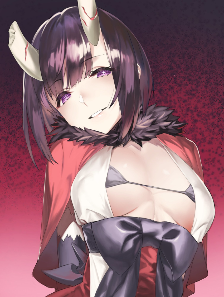 +_+ 1girl 92m arms_behind_back bangs black_bikini_top black_gloves breasts broken_horn brown_hair capelet fur-trimmed_capelet fur_trim gauntlets gloves gradient gradient_background highres horns kuraishi_eriko looking_at_viewer micro_bikini_top parted_lips princess_connect! princess_connect!_re:dive red_capelet sash short_hair smile solo violet_eyes