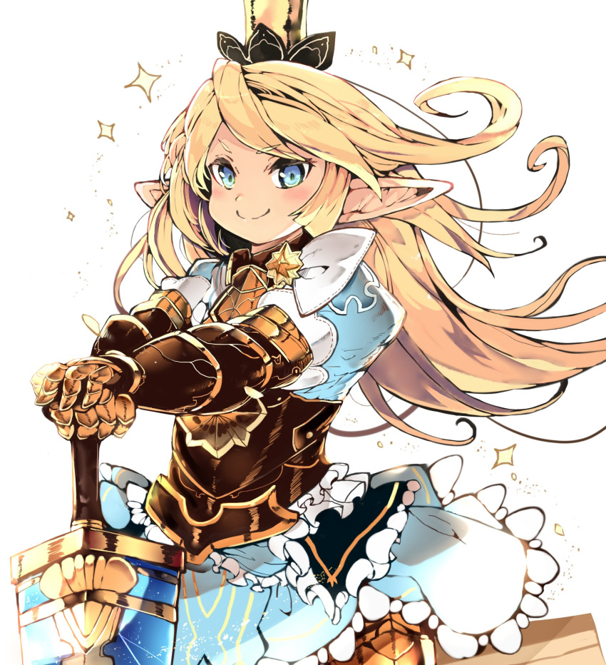 &gt;:) 1girl armor armored_dress bangs blonde_hair blue_dress blue_eyes charlotta_fenia closed_mouth commentary_request crown dress eyebrows_visible_through_hair frilled_dress frills gauntlets granblue_fantasy hands_on_hilt harvin highres long_hair looking_at_viewer mini_crown outstretched_arms pointy_ears puffy_short_sleeves puffy_sleeves short_sleeves smile solo sparkle sword v-shaped_eyebrows venomrobo very_long_hair weapon white_background