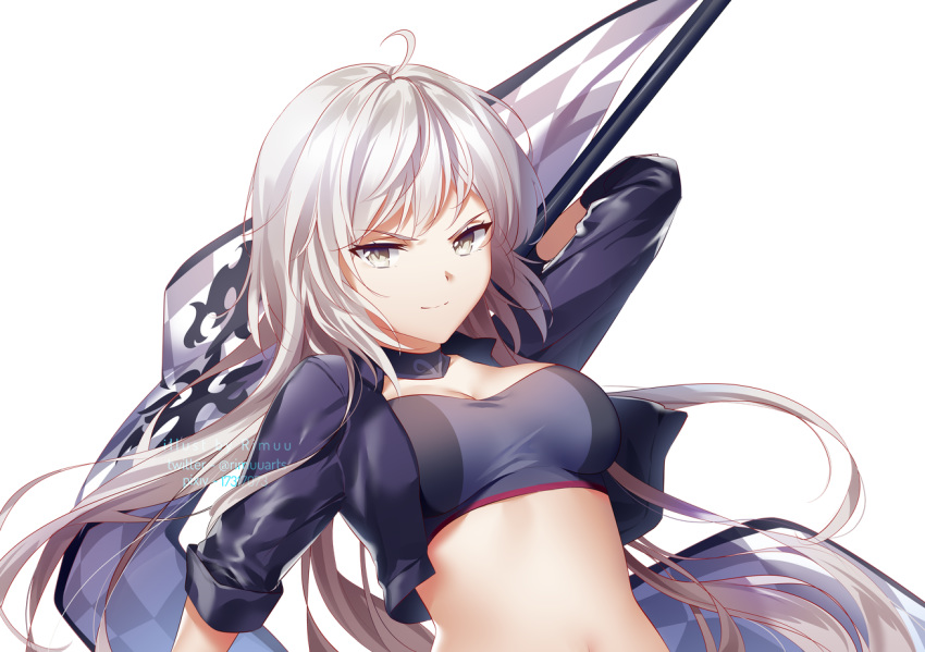 1girl ahoge arm_up bandeau black_jacket breasts brown_eyes choker crop_top cropped_jacket fate/grand_order fate_(series) jacket jeanne_d'arc_(alter)_(fate) jeanne_d'arc_(fate)_(all) long_hair long_sleeves looking_at_viewer medium_breasts midriff open_clothes open_jacket racequeen rimuu silver_hair simple_background smile solo upper_body v-shaped_eyebrows white_background