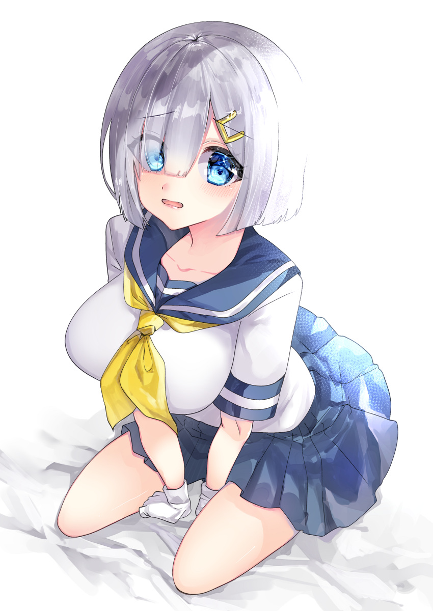 1girl arms_between_legs blue_eyes blue_skirt blush breasts eyebrows_visible_through_hair gloves hair_ornament hair_over_one_eye hairclip hamakaze_(kantai_collection) highres kantai_collection large_breasts looking_at_viewer neckerchief open_mouth pleated_skirt school_uniform seiza serafuku short_hair short_sleeves silver_hair simple_background sitting skirt solo viwop white_background white_gloves yellow_neckwear