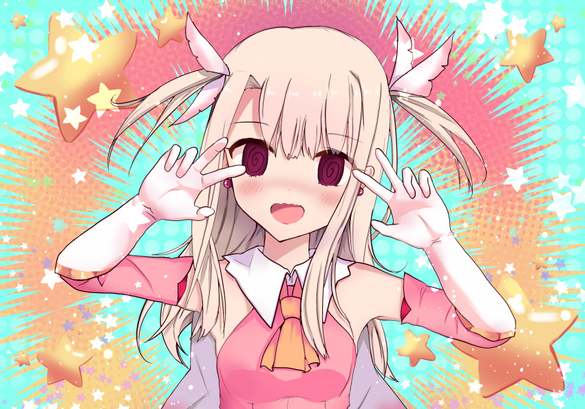 1girl @_@ an_icy_cat ascot bangs bare_shoulders blue_background blush breasts cape commentary_request double_v dress earrings emotional_engine_-_full_drive fate/grand_order fate/kaleid_liner_prisma_illya fate_(series) feathers gloves hair_feathers hands_up highres illyasviel_von_einzbern jewelry magical_girl parody pink_background pink_dress pink_feathers pink_sleeves prisma_illya small_breasts solo sparkle star two-tone_background two_side_up v violet_eyes white_cape white_gloves white_hair