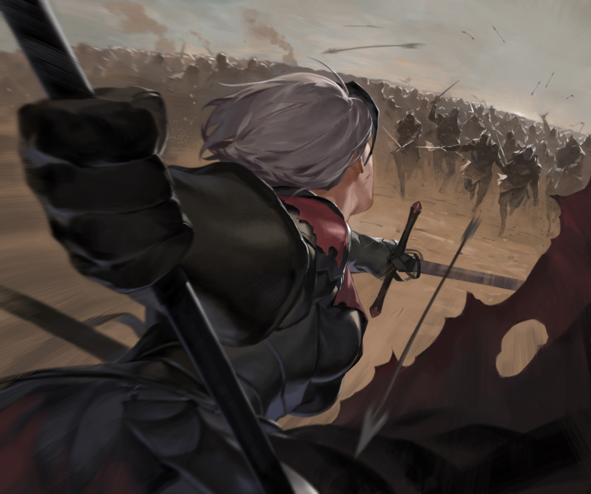 1girl 6+others armor army arrow battle chasing dual_wielding fate/grand_order fate_(series) grey_hair holding holding_sword holding_weapon horse jeanne_d'arc_(alter)_(fate) jeanne_d'arc_(fate)_(all) medium_hair multiple_others outdoors r_u_i_(s_1cll) riding running smoke sword torn_clothes weapon