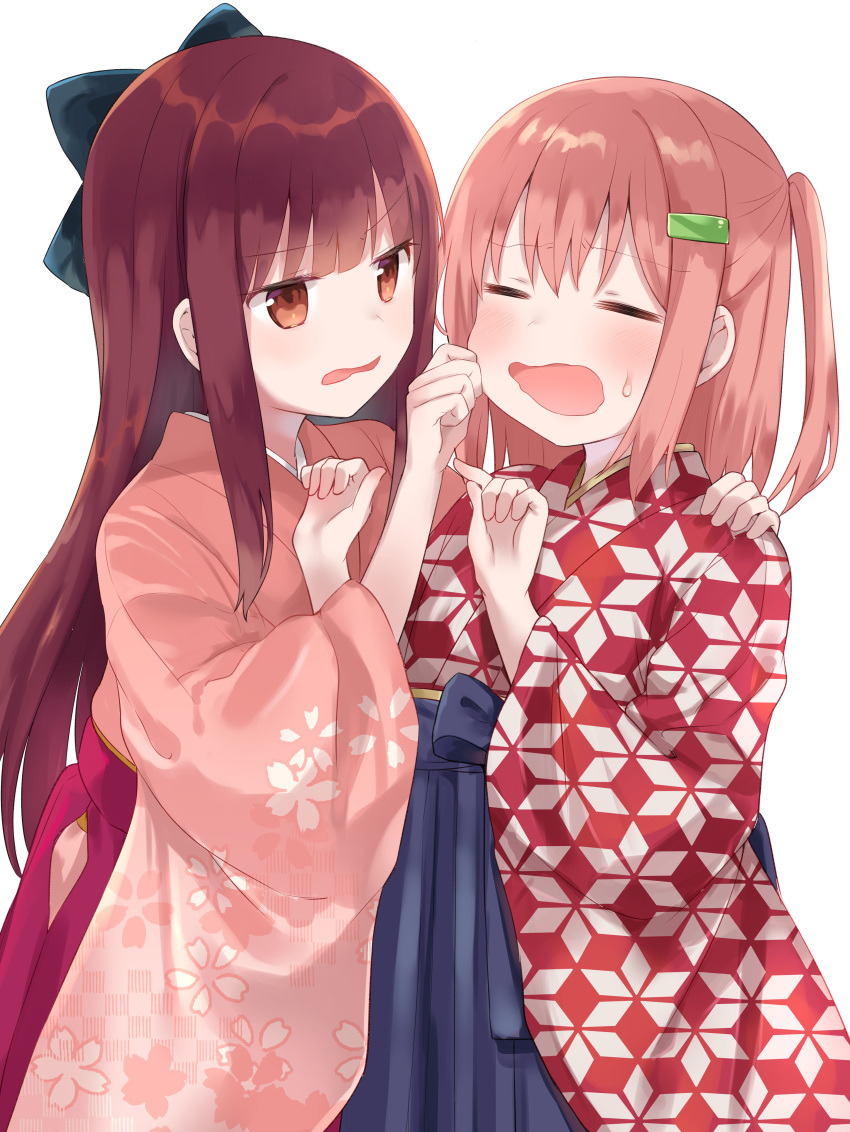 2girls =_= absurdres bangs black_bow blue_bow blue_hakama blunt_bangs blush bow brown_eyes brown_hair brown_kimono cheek_pinching chiune_(yachi) closed_eyes commentary_request copyright_request eyebrows_visible_through_hair floral_print hair_between_eyes hair_bow hair_ornament hairclip hakama hand_on_another's_shoulder hands_up highres japanese_clothes kimono long_hair long_sleeves looking_at_another multiple_girls one_side_up open_mouth pinching print_kimono purple_hakama red_kimono simple_background sweat very_long_hair white_background wide_sleeves