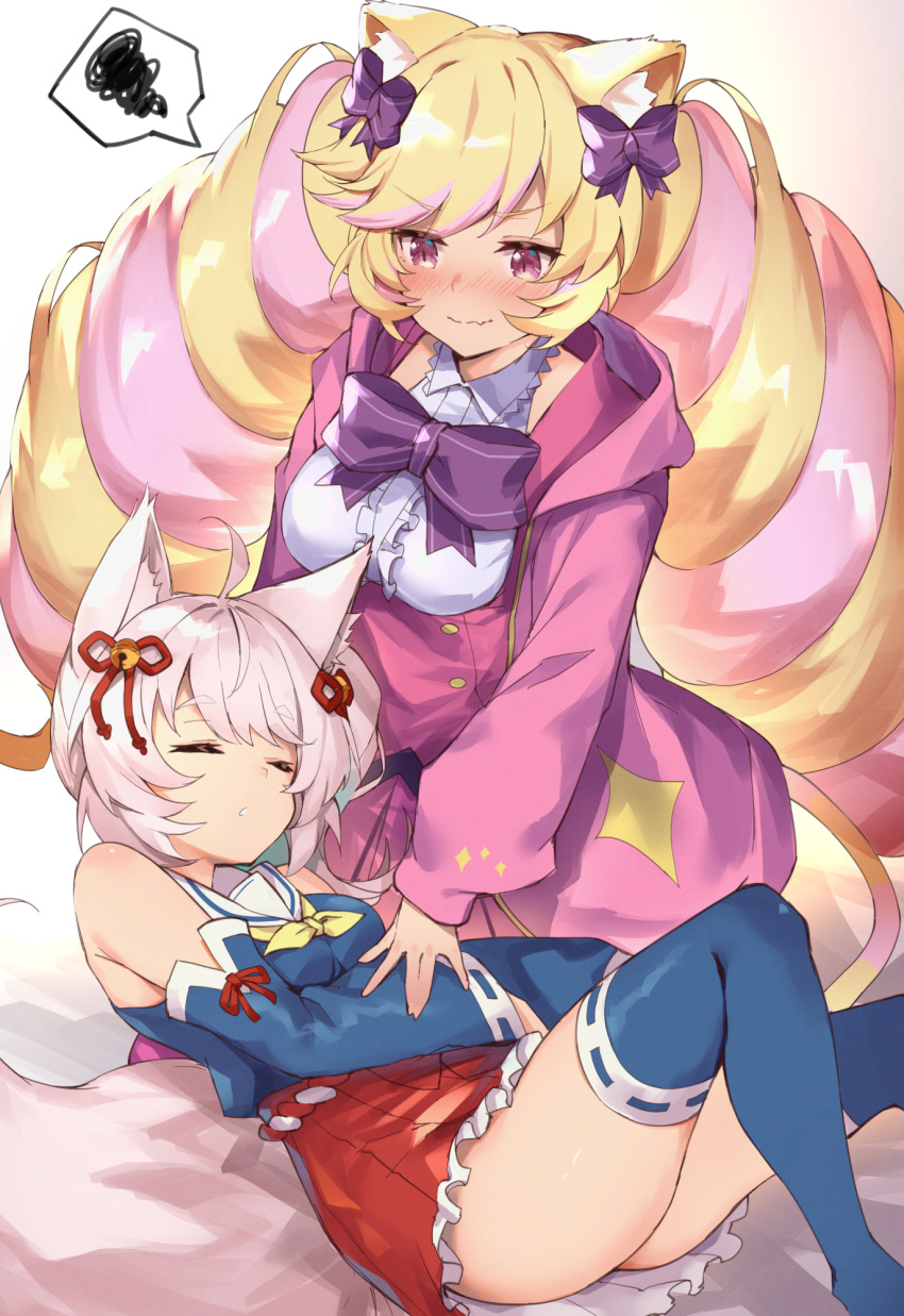 2girls ahoge animal_ear_fluff animal_ears ass bangs bell blonde_hair blue_legwear blue_shirt blue_sleeves blush bow breasts cat_ears cat_girl cat_tail center_frills closed_eyes closed_mouth commentary_request detached_sleeves eyebrows_visible_through_hair feet_out_of_frame frilled_skirt frills hair_bell hair_bow hair_ornament hair_ribbon highres hood hood_down hooded_jacket howan_(show_by_rock!!) jacket jingle_bell long_hair long_sleeves mashima_himeko_(show_by_rock!!) medium_breasts multicolored_hair multiple_girls neckerchief nose_blush parted_lips pink_hair pink_jacket pink_skirt pleated_skirt purple_bow red_ribbon red_skirt ribbon ribbon-trimmed_legwear ribbon-trimmed_sleeves ribbon_trim sailor_collar shirt show_by_rock!! silver_hair skirt sleeveless sleeveless_shirt small_breasts spoken_squiggle squiggle tail thigh-highs twintails two-tone_hair very_long_hair wavy_mouth white_sailor_collar white_shirt wolf_ears wolf_girl wolf_tail yellow_neckwear yuuuuu
