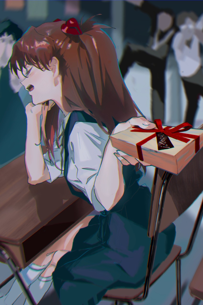 1girl absurdres bow box brown_hair chair chromatic_aberration closed_mouth from_behind hair_bow highres kneehighs neon_genesis_evangelion open_mouth piasu029 red_bow school school_chair school_uniform shirt sitting skirt socks solo_focus souryuu_asuka_langley table tsundere two_side_up valentine