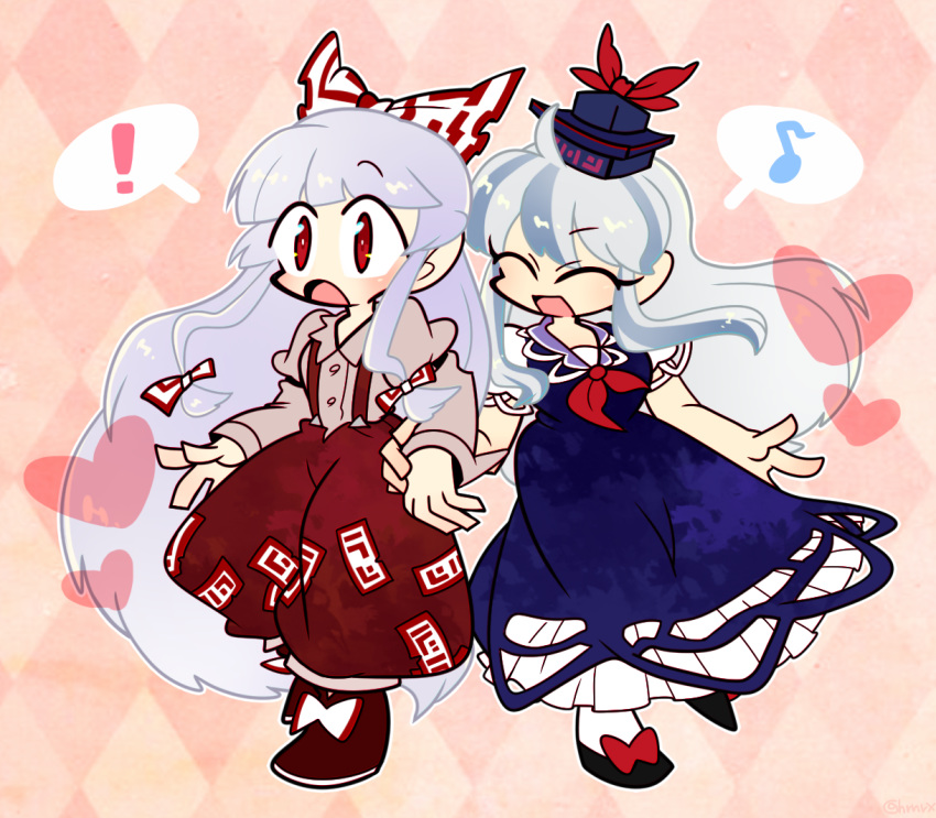 ! 2girls ahoge argyle argyle_background black_footwear blue_dress blue_headwear bow closed_eyes dress eighth_note frills fujiwara_no_mokou full_body hair_bow hands_together harunori_(hrnrx) hat hat_ribbon heart kamishirasawa_keine long_hair long_sleeves multicolored_hair multiple_girls musical_note neckerchief open_mouth pants pink_background red_bow red_eyes red_footwear red_neckwear red_pants red_ribbon ribbon shirt shoe_bow shoes short_sleeves silver_hair smile spoken_exclamation_mark spoken_musical_note touhou two-tone_hair white_legwear white_shirt