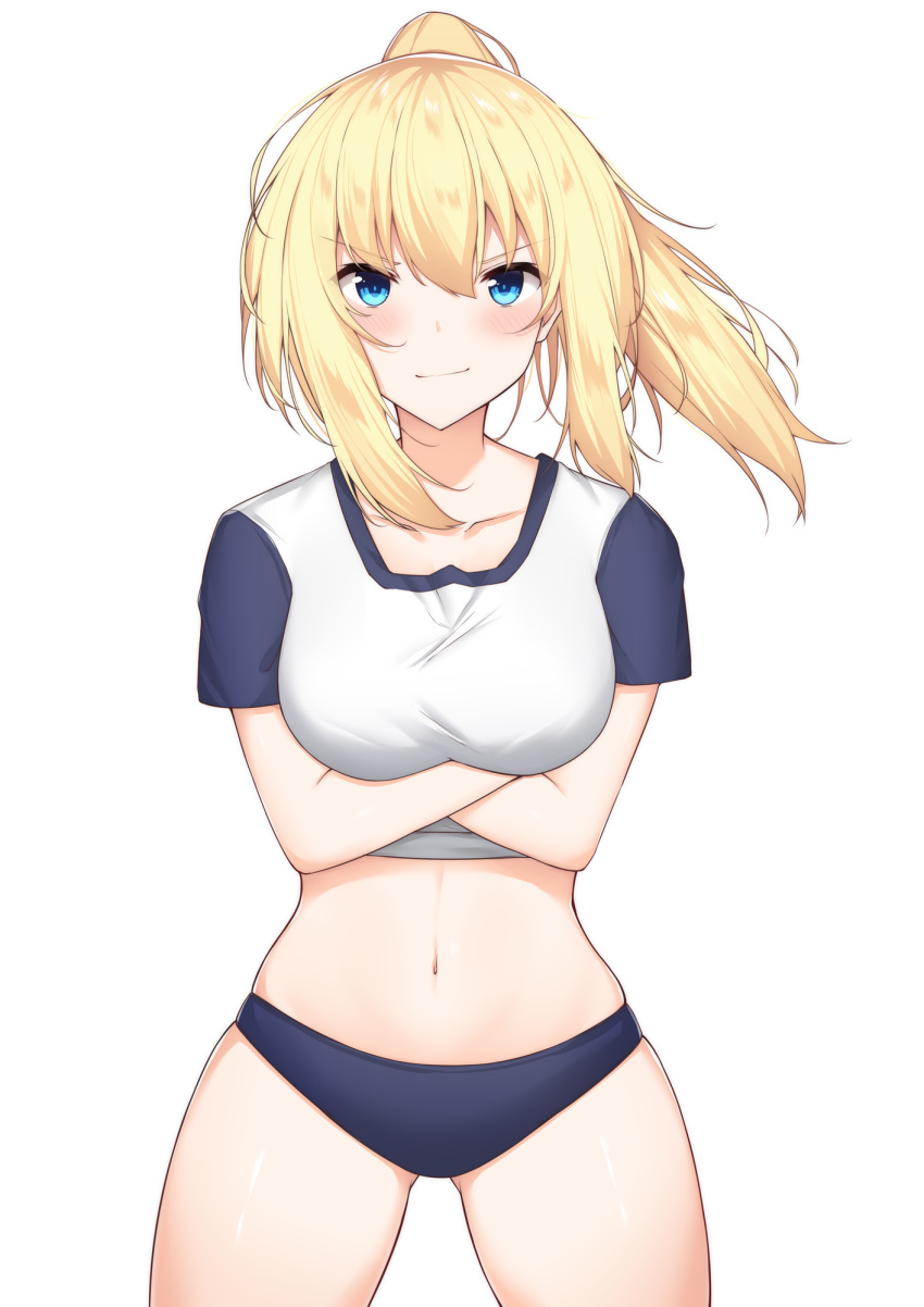 1girl blonde_hair blue_buruma blue_eyes breasts buruma collarbone commentary_request cowboy_shot crop_top crossed_arms gym_uniform highres kurigura_(sketch_san) large_breasts long_hair looking_at_viewer midriff navel original ponytail raglan_sleeves shirt short_sleeves simple_background skindentation smile solo standing stomach thighs v-shaped_eyebrows white_background white_shirt