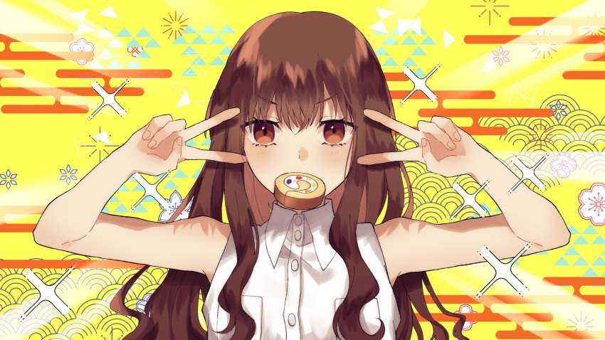 1girl bangs brown_eyes brown_hair buttons cake collared_shirt commentary_request double_v emotional_engine_-_full_drive expressionless eyebrows_visible_through_hair fate/extra fate/grand_order fate_(series) food food_in_mouth hair_between_eyes highres imori_(ineed_ea) kishinami_hakuno_(female) long_hair parody shirt sleeveless sleeveless_shirt solo swiss_roll upper_body v white_shirt