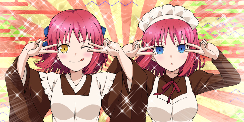 2girls :o ;q apron azami_masurao bangs blue_eyes blue_ribbon blush bow commentary_request double_v emotional_engine_-_full_drive expressionless hair_bow hair_ribbon half_updo highres hisui kohaku long_sleeves looking_at_viewer maid maid_apron maid_headdress multiple_girls one_eye_closed orange_eyes parody pink_hair portrait ribbon salute short_hair sidelocks smile tongue tongue_out tsukihime two-finger_salute v