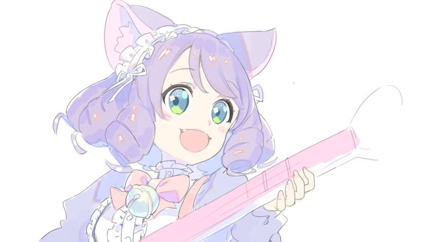 1girl :d animal_ear_fluff animal_ears bangs bell blouse bow bowtie cat_ears cyan_(show_by_rock!!) dress drill_hair frilled_hairband frills green_eyes guitar hairband highres holding holding_instrument instrument jingle_bell juliet_sleeves long_sleeves looking_at_viewer medium_hair music nagisa_kurousagi neck_bell open_mouth pink_nails playing_instrument puffy_sleeves purple_dress red_neckwear show_by_rock!! simple_background smile solo symbol_in_eye upper_body white_background white_blouse