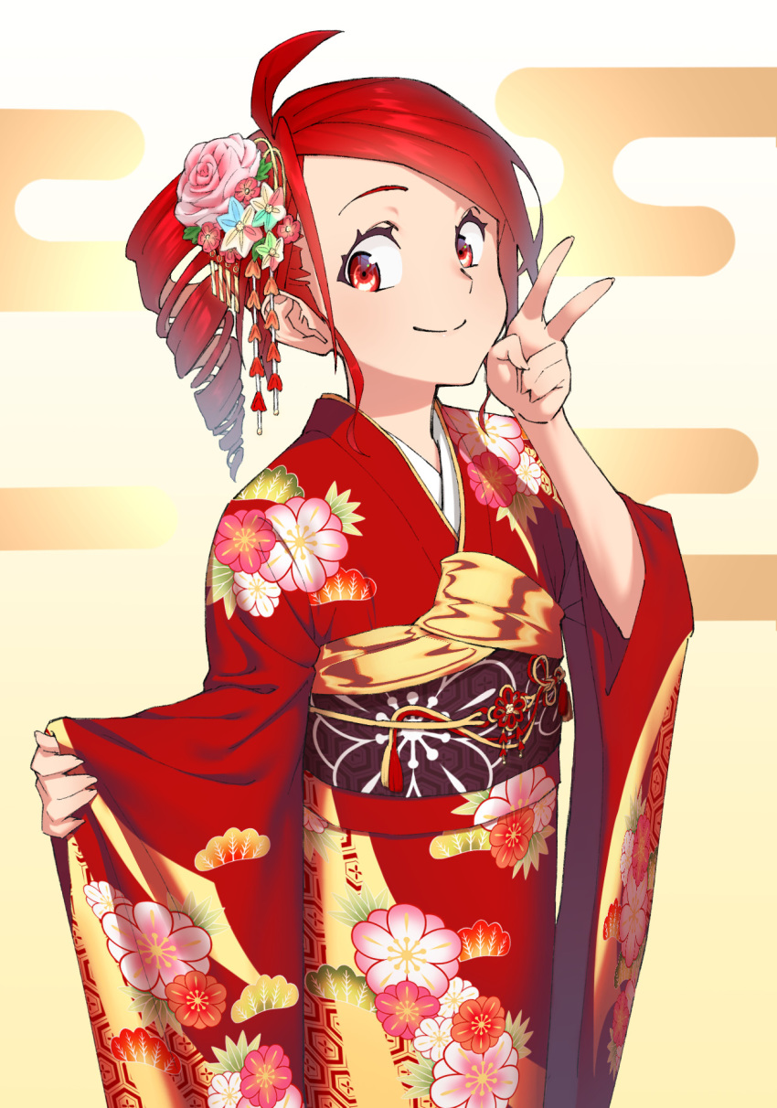 1girl ahoge anco8pizz cloud_background cowboy_shot drill_hair egasumi floral_print flower furisode hair_flower hair_ornament hand_up highres japanese_clothes kasane_teto kimono looking_at_viewer obi red_eyes red_kimono redhead sash short_hair smile solo standing utau v wide_sleeves yellow_background