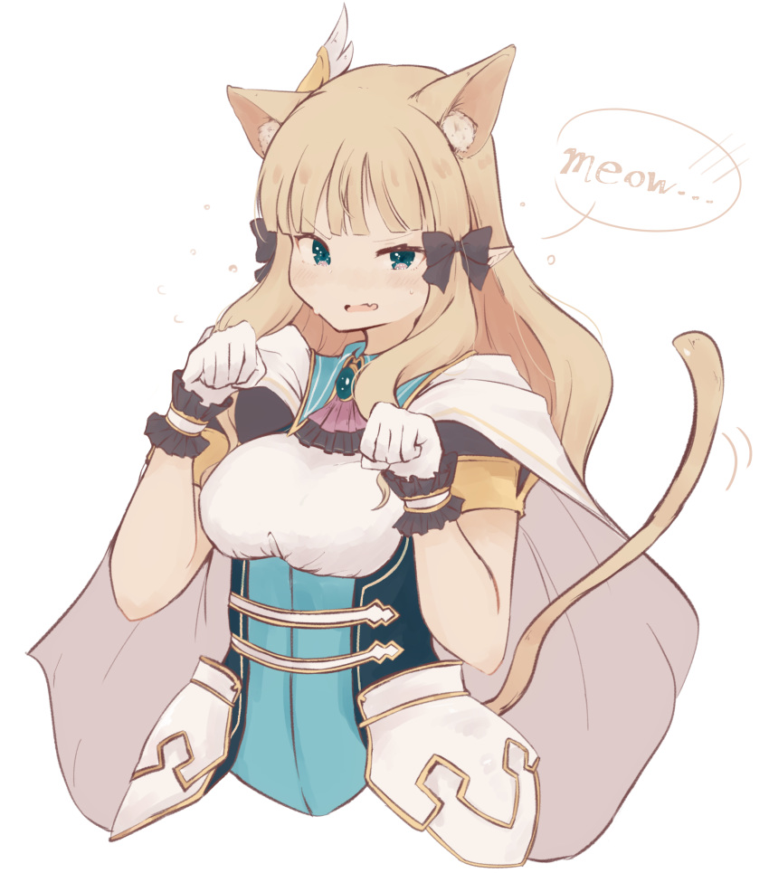 1girl absurdres animal_ears blonde_hair blue_eyes breasts capelet cat_ears cat_tail cloak elf highres keinesandayoooo pointy_ears princess_connect! princess_connect!_re:dive sasaki_saren simple_background solo tail white_background