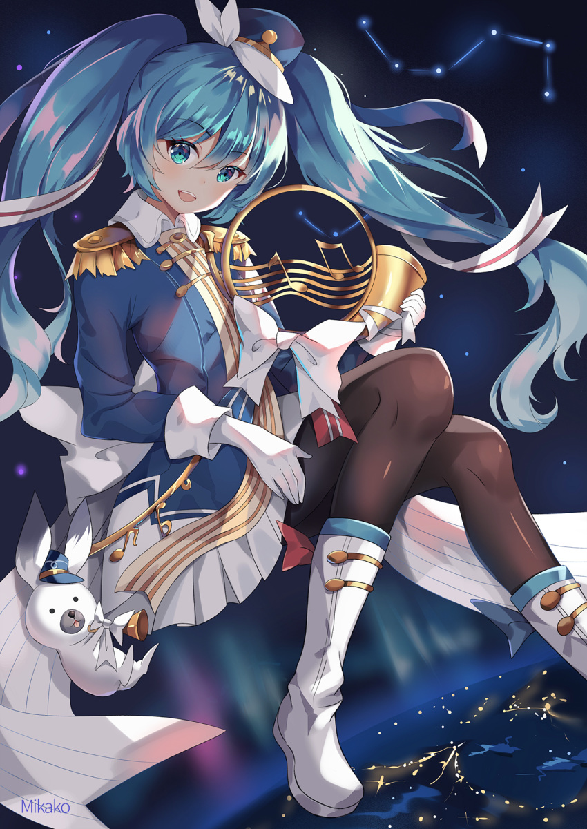 1girl aqua_eyes aqua_hair aurora band_uniform blue_jacket boots bow bowtie commentary constellation earth epaulettes french_horn full_body gloves hair_ribbon hat hat_feather hatsune_miku highres horn_(instrument) instrument jacket long_hair mikako night open_mouth pantyhose pleated_skirt rabbit ribbon skirt smile star_(sky) striped striped_ribbon twintails very_long_hair vocaloid white_bow white_footwear white_gloves white_skirt yuki_miku yuki_miku_(2020)