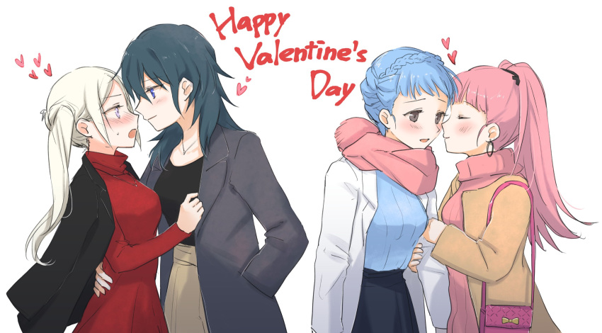 4girls alternate_costume alternate_universe blue_hair blush byleth_(fire_emblem) byleth_eisner_(female) cheek_kiss closed_eyes couple dark_green_hair edelgard_von_hresvelg english_text fire_emblem fire_emblem:_three_houses fukuroumori highres hilda_valentine_goneril kiss marianne_von_edmund multiple_girls pink_hair valentine white_hair yuri