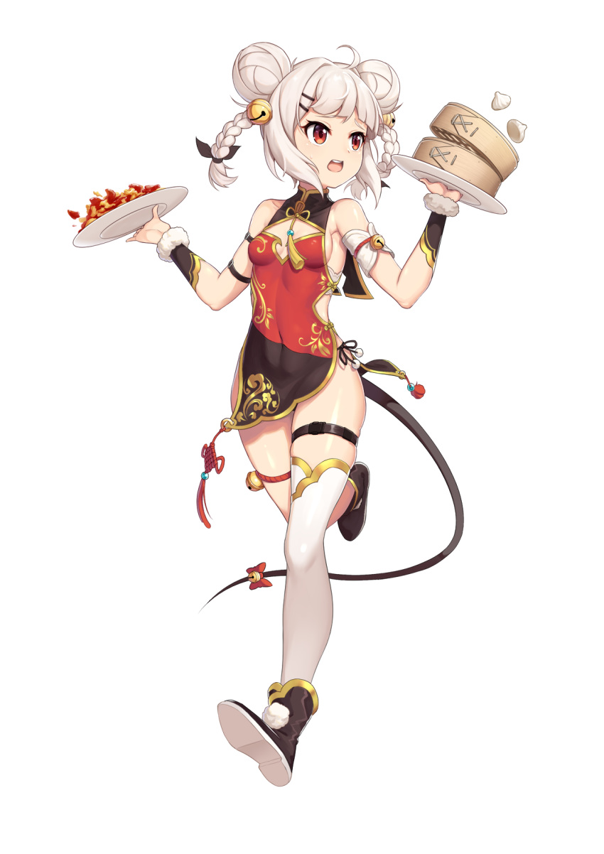 1girl arms_up bamboo_steamer bell black_footwear boots braid breasts carrying cat-quest-sun china_dress chinese_clothes covered_navel double_bun dress food full_body hair_bun hair_ornament highres jingle_bell long_hair mouse_tail open_mouth original plate red_eyes ribbon running short_dress sideboob simple_background single_thighhigh sleeveless sleeveless_dress small_breasts smile solo tail tail_bell tail_ornament tail_ribbon thigh-highs thigh_strap thighs twin_braids twintails waitress white_background white_hair white_legwear wrist_cuffs