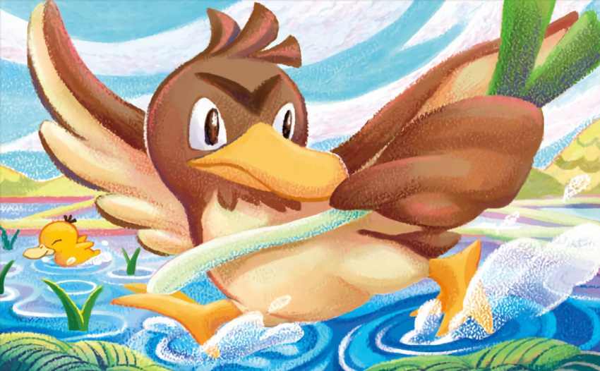 ^_^ bird bird_focus black_eyes blue_sky closed_eyes clouds cloudy_sky creature day farfetch'd gen_1_pokemon holding_spring_onion looking_back no_humans official_art outdoors pokemon pokemon_(creature) pokemon_trading_card_game psyduck ripples shibuzoh sky walking water