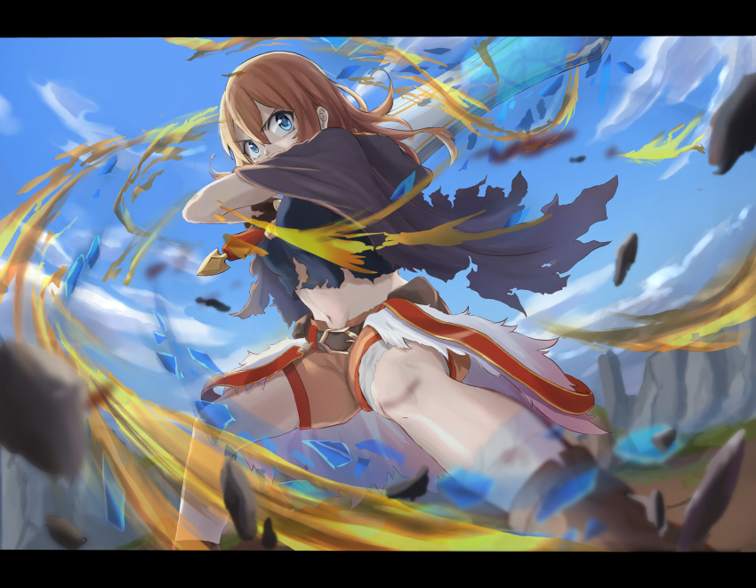 1girl bandaged_leg bandages bangs belt belt_pouch blue_eyes blue_shirt blue_sky blurry_foreground breasts brown_belt brown_cloak brown_shorts cloak clouds commentary_request covered_mouth cowboy_shot energy eyebrows_visible_through_hair floating_rock gloves groin hair_between_eyes highres holding holding_sword holding_weapon kasshu_(glusprin) large_breasts letterboxed long_hair midriff mountain muimi navel orange_hair pouch princess_connect! princess_connect!_re:dive rock serious shirt short_shorts shorts sidelocks sky sleeveless sleeveless_shirt solo sword torn_cloak torn_clothes torn_gloves torn_shirt weapon