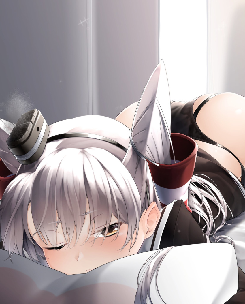 1girl amatsukaze_(kantai_collection) ass black_panties blush brown_dress brown_eyes couch dress eyebrows_visible_through_hair hair_between_eyes hair_ornament hair_tubes hairband headgear highres kantai_collection long_hair looking_at_viewer lying on_couch on_stomach one_eye_closed panties sailor_dress short_dress silver_hair solo two_side_up underwear zetsuriinu_(kairyougata)