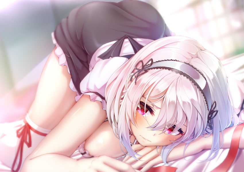 1girl azur_lane bangs blurry blurry_background blush breasts collarbone dress hair_between_eyes imo_bouya indoors lace-trimmed_hairband large_breasts looking_at_viewer on_bed puffy_sleeves red_eyes revision short_hair short_sleeves sirius_(azur_lane) solo thigh-highs thighs top-down_bottom-up white_hair white_legwear
