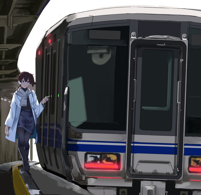 1girl absurdres alternate_costume black_footwear black_legwear black_sweater blue_skirt boots brown_hair casual full_body ground_vehicle highres kaga_(kantai_collection) kantai_collection long_hair looking_at_viewer pantyhose scarf side_ponytail skirt solo sweater train train_station train_station_platform vi3r6ein west_japan_railway white_coat