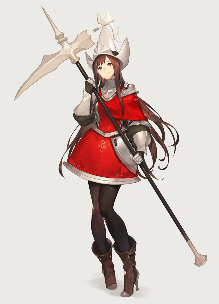 1girl armor bangs black_legwear boots brown_eyes brown_footwear brown_hair dress gauntlets hat high_heel_boots high_heels highres holding holding_weapon keemu_(occhoko-cho) long_hair original polearm red_dress scythe simple_background smile solo weapon weather_vane