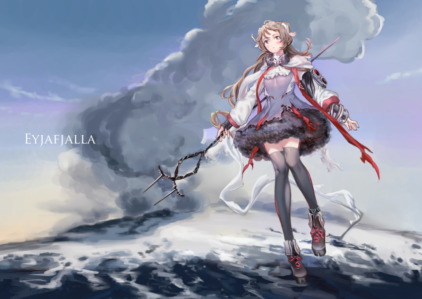 1girl animal_ears arknights bikini cape curled_horns dress eyjafjalla_(arknights) fur-trimmed_dress gas_mask goat_horns goggles goggles_removed grey_dress headphones headphones_around_neck highres holding holding_staff horns lyf19970430 mask_around_neck multi-strapped_bikini respirator sheep sheep_ears sheep_horns staff swimsuit torn_clothes torn_coat torn_dress white_cape wool