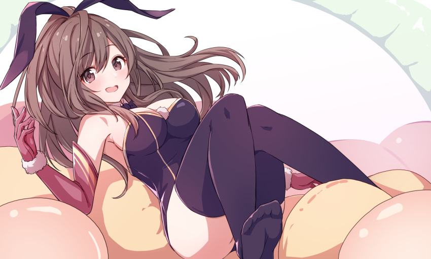 1girl :d alisia0812 animal_ears armpits ass bangs bare_shoulders black_legwear black_leotard black_neckwear blush bow bowtie breasts brown_eyes brown_hair bunnysuit commentary_request detached_collar elbow_gloves fake_animal_ears gloves highres idolmaster idolmaster_shiny_colors knees_up large_breasts leotard long_hair looking_at_viewer no_shoes open_mouth ponytail rabbit_ears reclining red_gloves simple_background smile solo swept_bangs thigh-highs tsukioka_kogane white_background