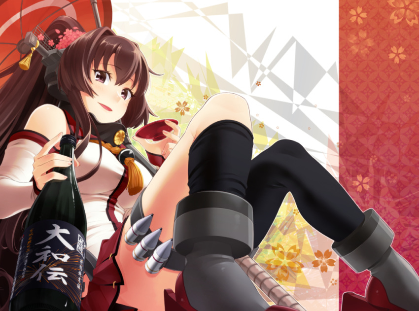 1girl :d black_legwear bottle breasts brown_eyes brown_hair cherry_blossoms commentary_request cup detached_sleeves drinking eyebrows_visible_through_hair flower from_below hair_between_eyes hair_flower hair_ornament headgear holding holding_bottle holding_cup kantai_collection large_breasts long_hair looking_at_viewer open_mouth oriental_umbrella pleated_skirt ponytail red_skirt sakazuki sake_bottle single_thighhigh sitting skirt smile solo thigh-highs tsujimori_nanaki umbrella yamato_(kantai_collection)