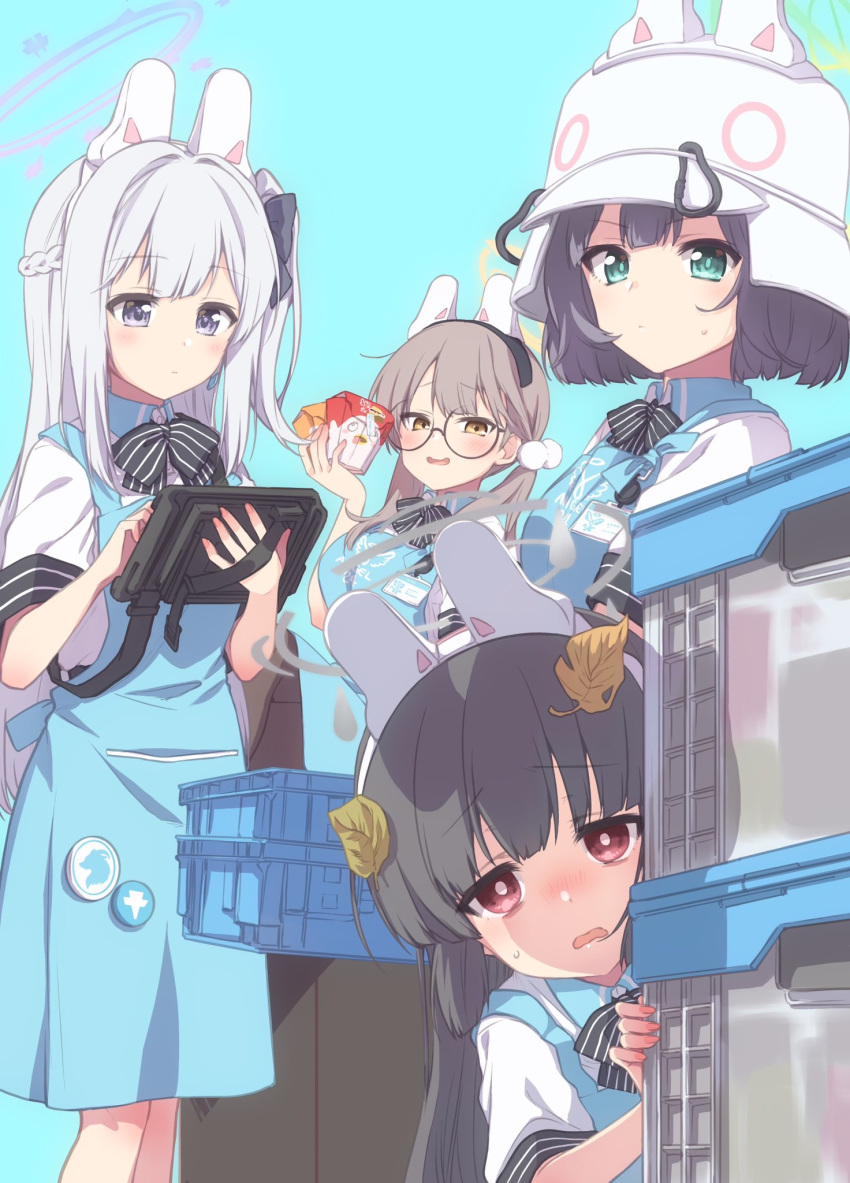 4girls angel's_24_uniform_(blue_archive) animal_ears apron black_bow black_bowtie black_hair blue_apron blue_archive blue_background blush bow bowtie braid breasts brown_eyes brown_hair closed_mouth collared_shirt combat_helmet fake_animal_ears fingernails glasses green_eyes grey_hair helmet highres kuroi_mimei large_breasts long_hair miyako_(blue_archive) miyu_(blue_archive) moe_(blue_archive) multiple_girls one_side_up open_mouth peroro_(blue_archive) polo_shirt rabbit_ears rabbit_platoon_(blue_archive) red_eyes round_eyewear saki_(blue_archive) shirt short_hair simple_background stahlhelm upper_body violet_eyes white_shirt