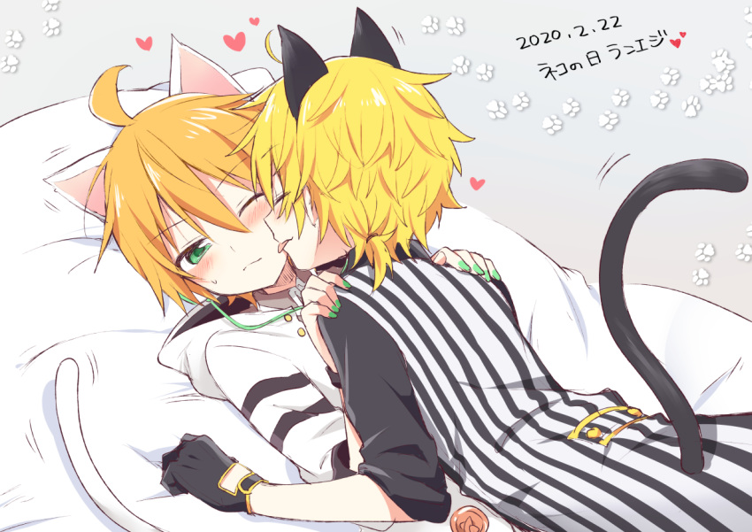 2boys ahoge animal_ears bed black_gloves blonde_hair blush cat_day cat_ears cat_tail closed_eyes commentary_request dual_persona face_licking gloves green_eyes green_nails hands_on_another's_shoulders heart holy_lancer_(module) hooded_shirt kagamine_len licking looking_at_another lying lying_on_person male_focus multiple_boys nail_polish on_back on_bed one_eye_closed orange_hair paw_print project_diva_(series) shirt striped striped_shirt sudachi_(calendar) tail vocaloid white_edge_(module) white_shirt yaoi