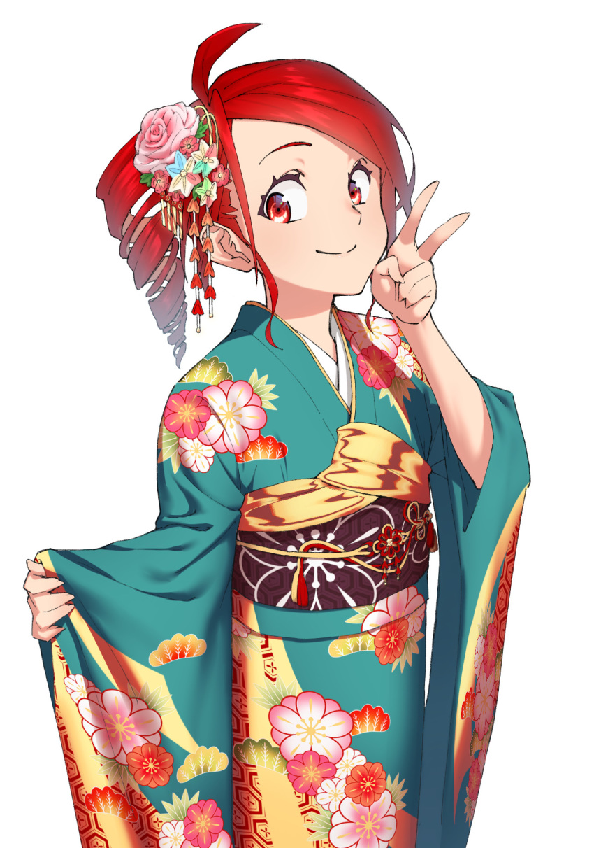 1girl ahoge anco8pizz aqua_kimono cowboy_shot drill_hair floral_print flower furisode hair_flower hair_ornament hand_up highres japanese_clothes kasane_teto kimono looking_at_viewer obi red_eyes redhead sash short_hair smile solo standing utau v white_background wide_sleeves