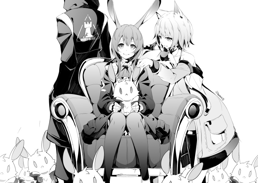 1other 2girls absurdres amiya_(arknights) animal_ears arknights ascot bare_shoulders cat_ears chair doctor_(arknights) english_commentary facing_away highres holding holding_stuffed_animal kal'tsit long_hair looking_at_viewer masabodo monochrome multiple_girls off-shoulder_coat pantyhose rabbit_ears short_hair sitting smile stuffed_animal stuffed_bunny stuffed_toy